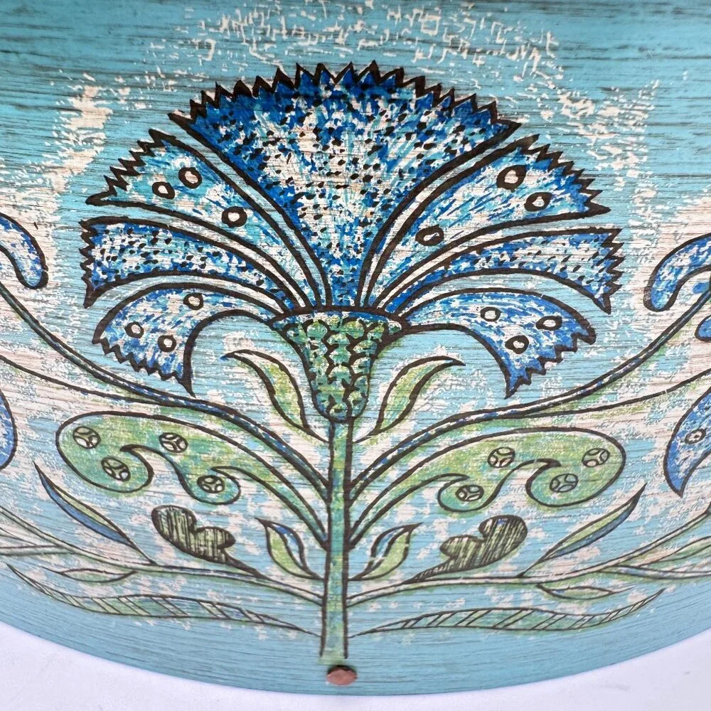 Hand-Painted Wilton-Lee Ltd. Blue Oval Bentwood Box Folk Art Angel Floral Vtg